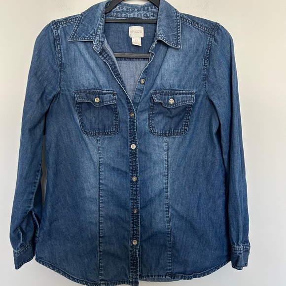 Chico's Tops - Chico’s‎ 100% Cotton Denim Long Sleeve Button Shirt Size 0